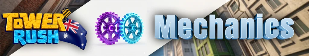 Detailed 3D icons of glowing gears representing the technical algorithms and unique Tower Rush game mechanics.